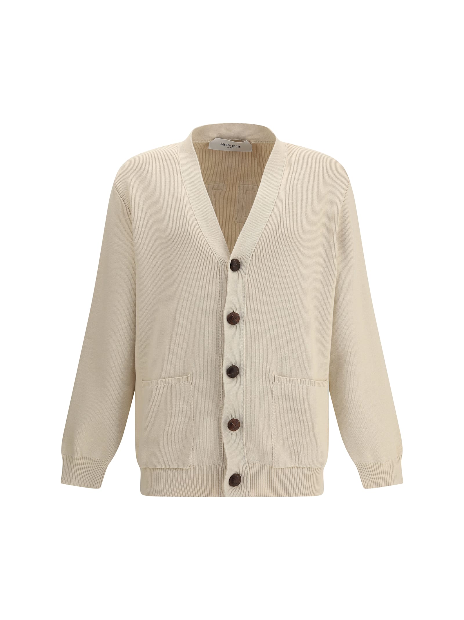 Golden Goose Sand Ribbed Texture Cardigan With Front Pockets In White
