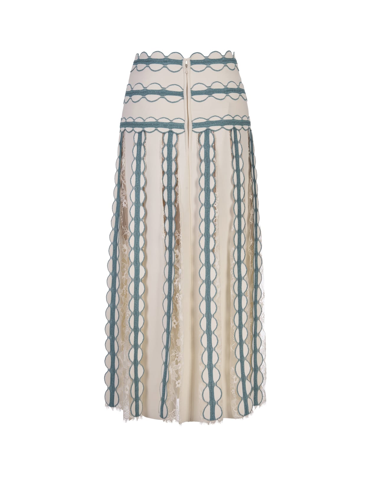 Shop Elie Saab Knit And Lace Midi Skirt In White And Blue Gin
