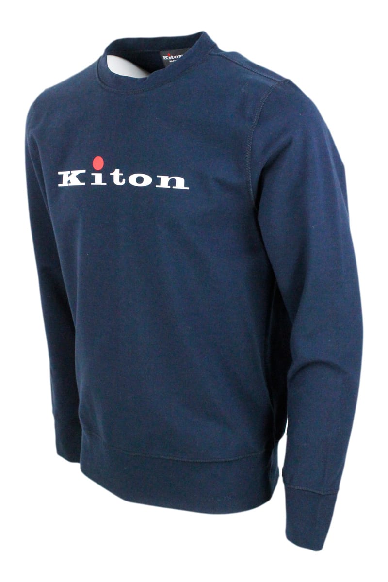 Shop Kiton Crewneck Sweatshirt In Soft And Fine Long-sleeved Stretch Cotton With Logo Lettering On The Front In Blu