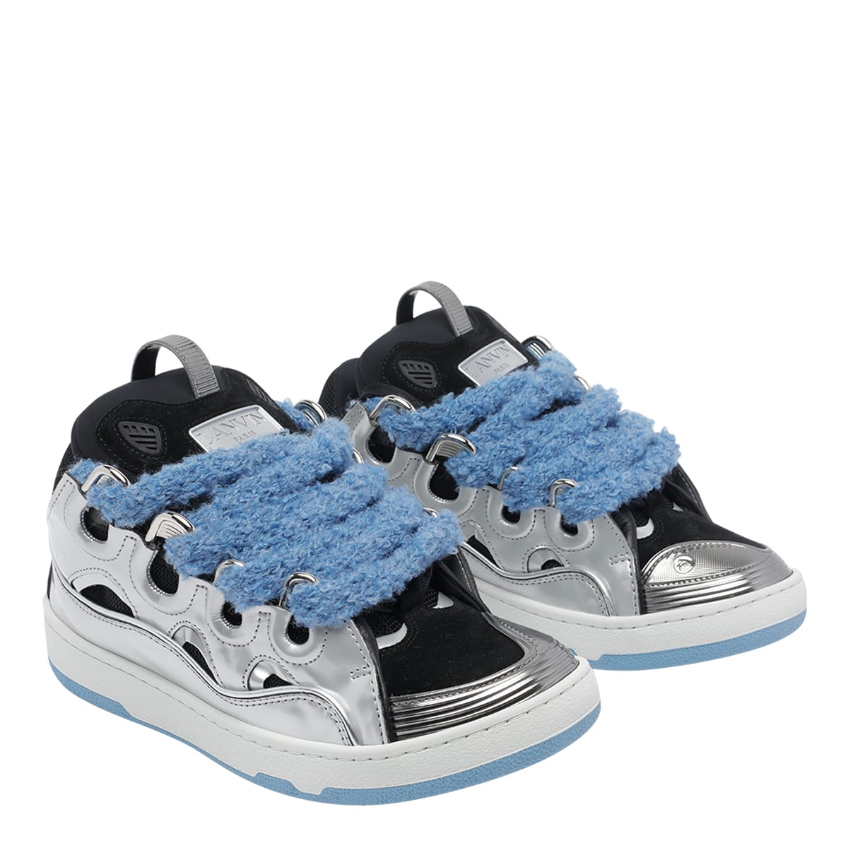 Lanvin Curb Metallic Leather Sneakers With Mesh Laces Shoes In Multi