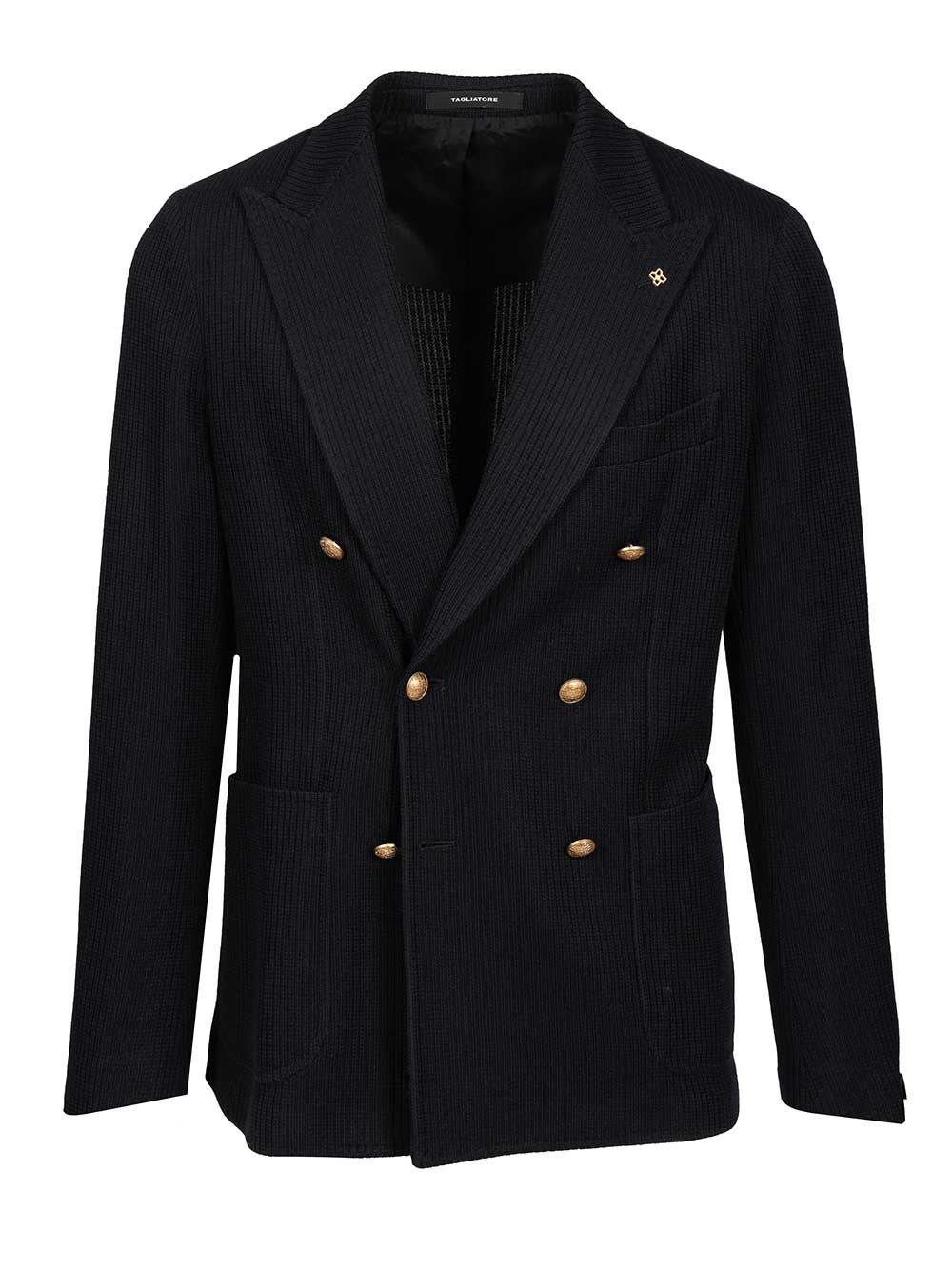 Tagliatore Double-breasted Ribbed Wool Jersey Jacket In Blue