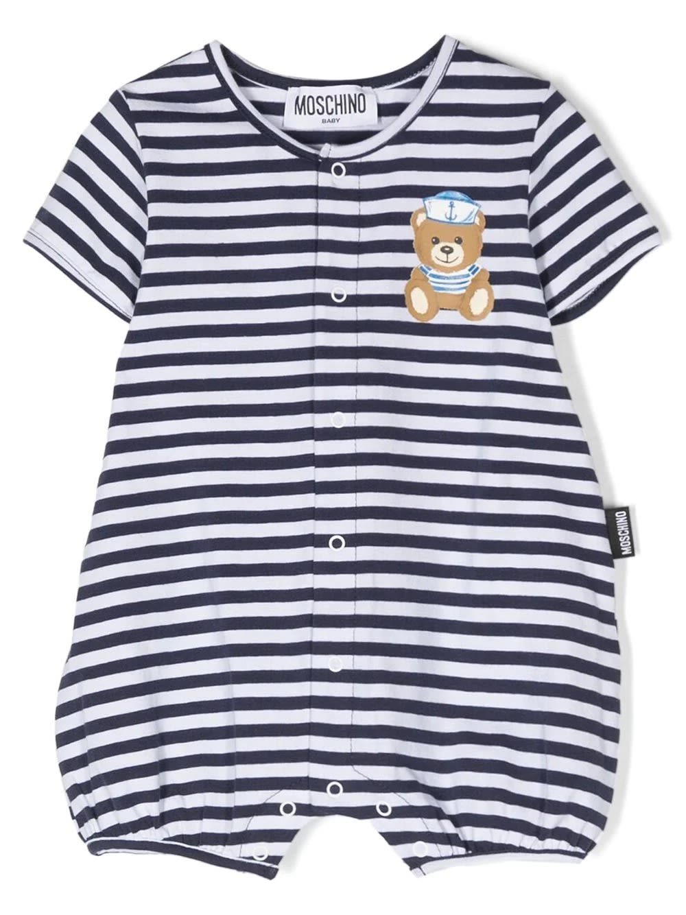 MOSCHINO BLUE STRIPED SHORT PLAYSUIT WITH SAILOR TEDDY BEAR