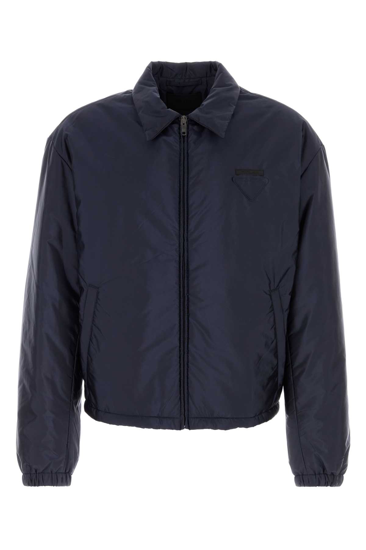 Prada Padded Jacket With Collared Design And Front Pocket In Blue