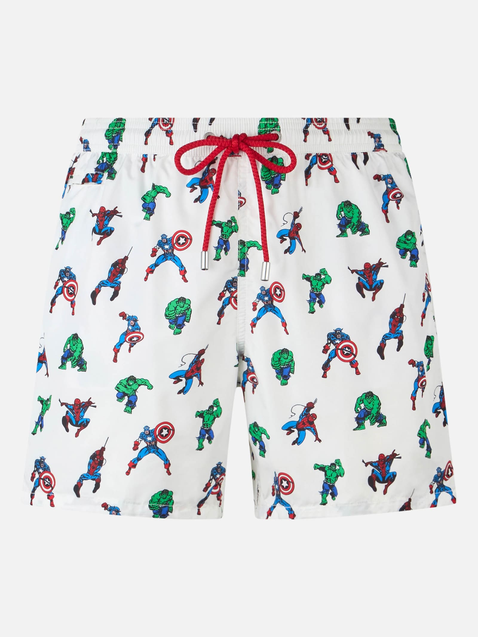 Shop Mc2 Saint Barth Man Lightweight Fabric Swim-shorts Lighting Micro Fantasy With Marvel Super Heroes Print Marvel Spec In White