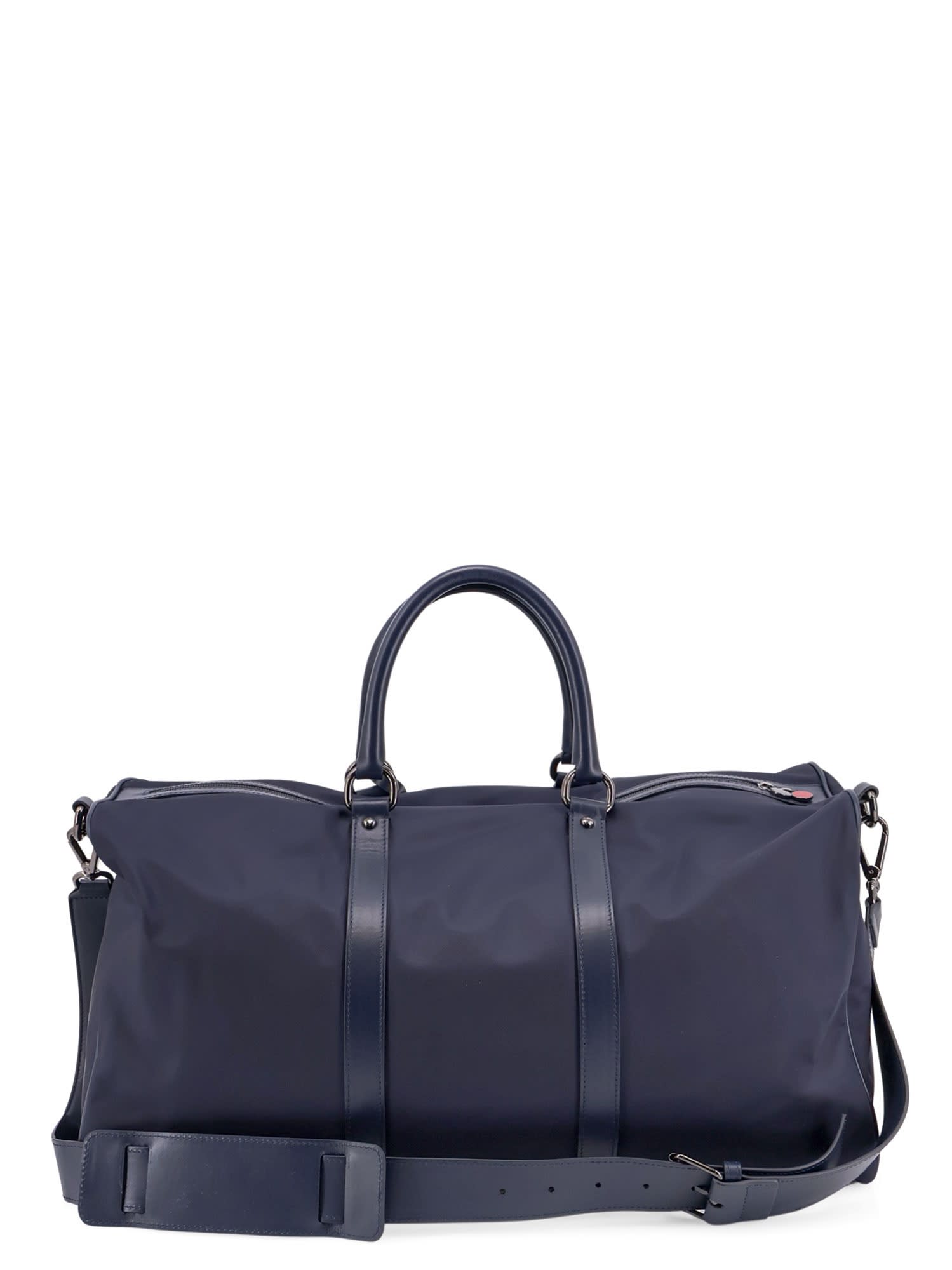 Kiton Nylon Duffel Bag With Leather Inserts In Blue