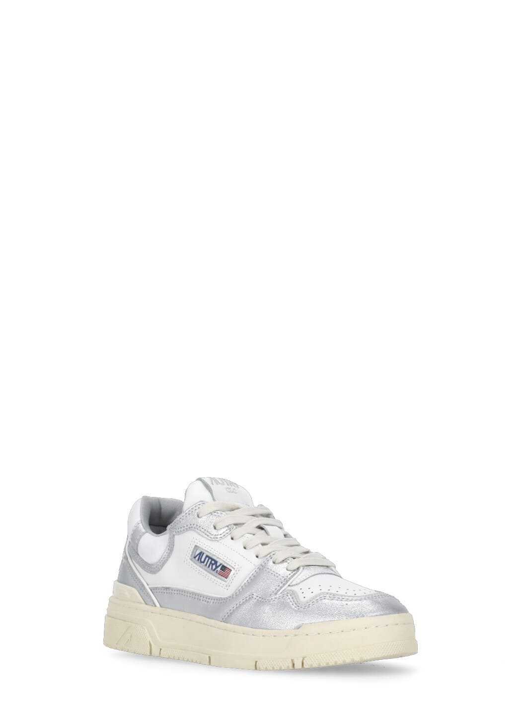Autry Silver And White Low Top Sneakers With Logo Patch In Metallic Leather Woman In Silver