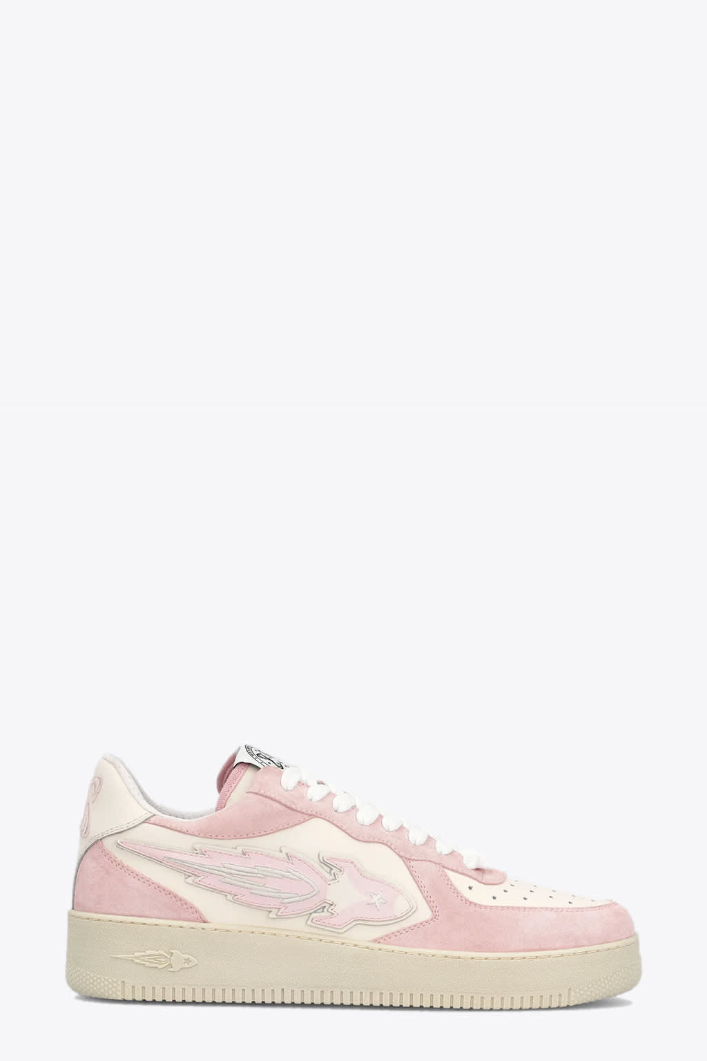 Enterprise Japan New Drop Low Off-white leather and pink suede low sneakers with side rocket