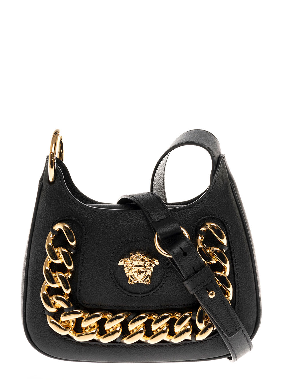 Versace La Medusa Black Leather Crossbody Bag With Metal Logo