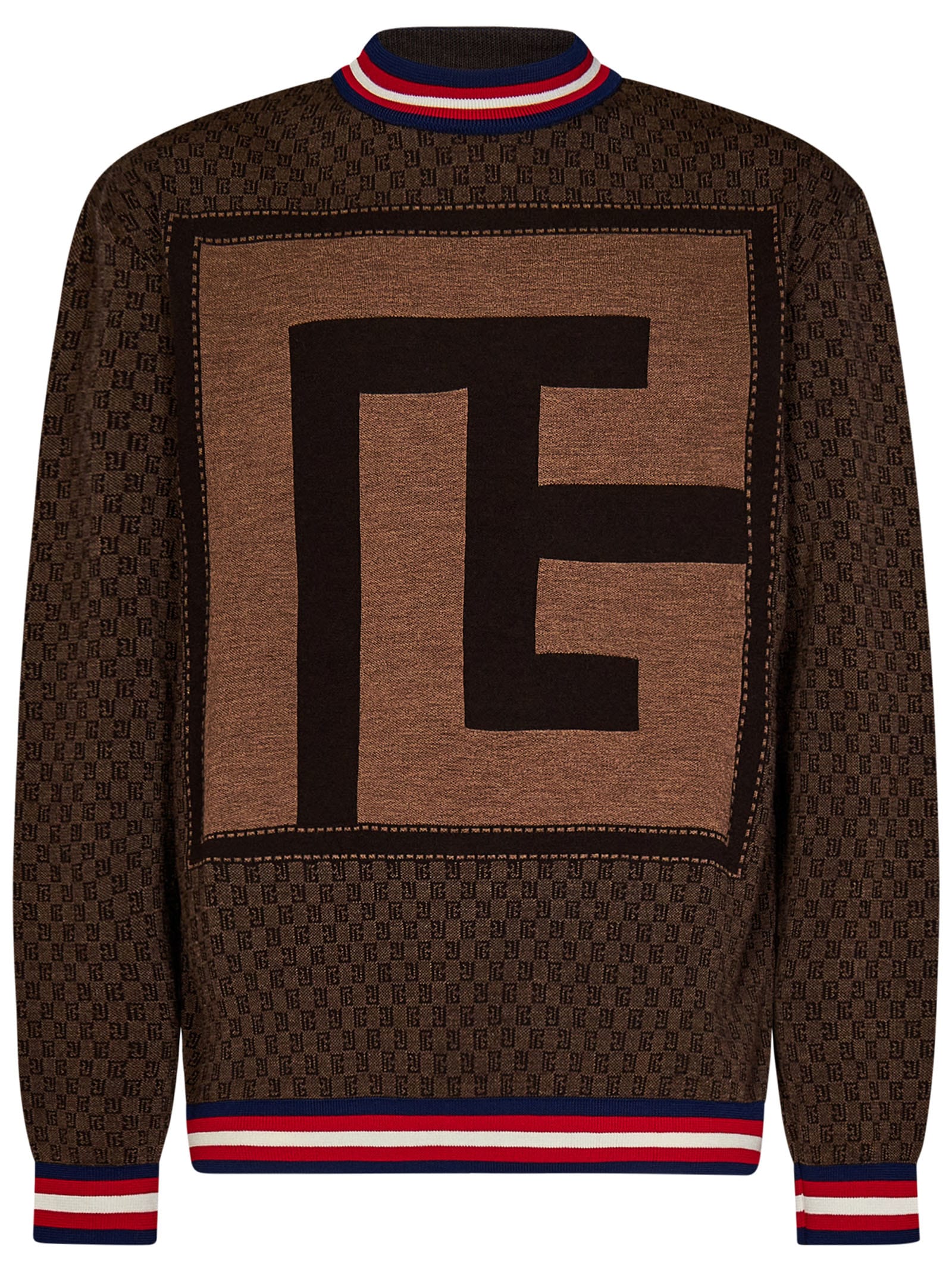 Balmain Monogram Patterned Crewneck Jumper In Brown