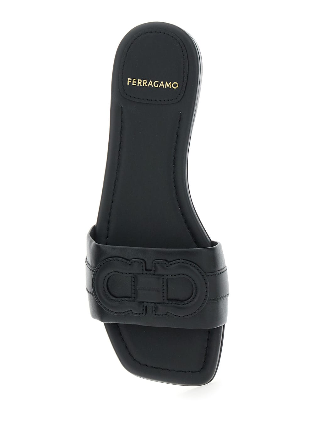 Ferragamo Liss Black Sandals With Embossed Logo On The Band And Square Toe In Leather Woman In Black
