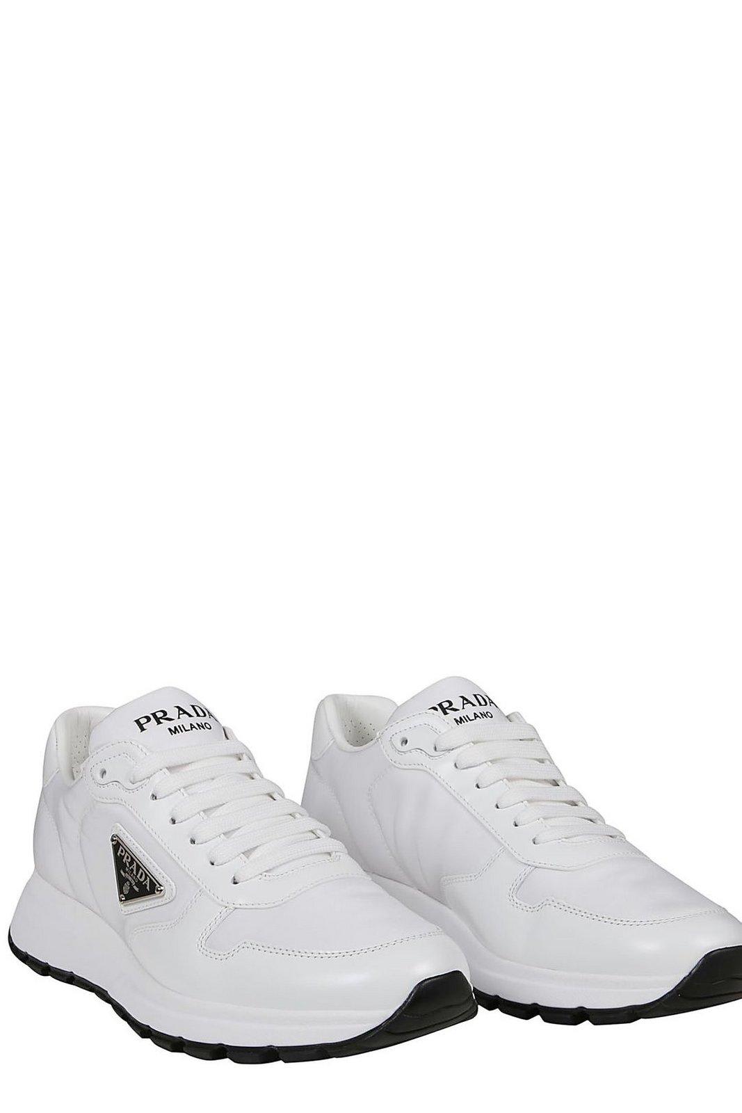 Shop Prada Triangle Logo Lace-up Sneakers In White