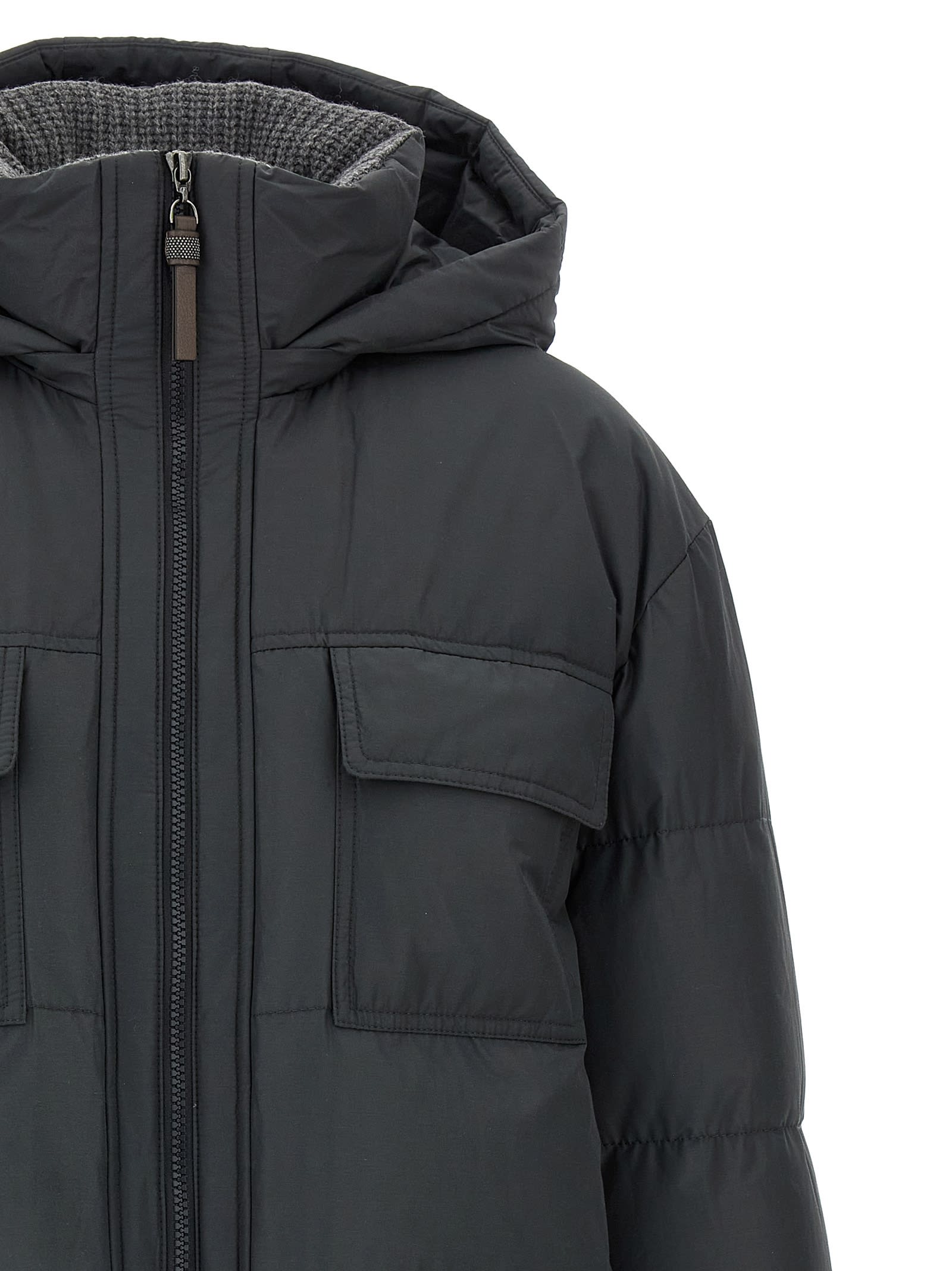 Brunello Cucinelli Knitted Neck Down Jacket Puffer Jackets Gray In Black