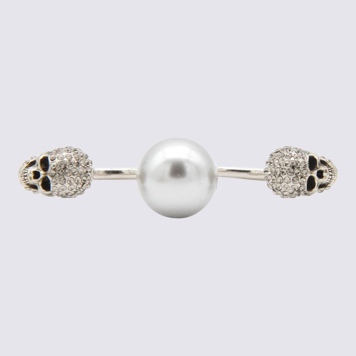 Shop Alexander Mcqueen Pearl And Brass Skull Double Ring In Silver