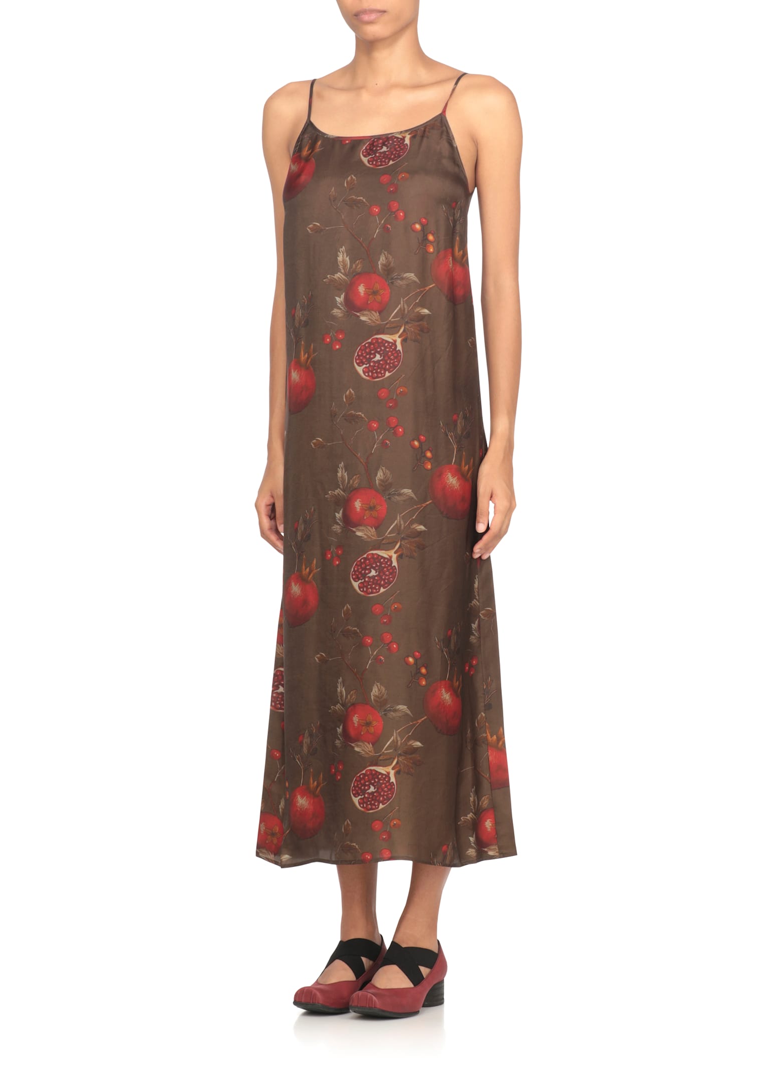 Uma Wang Midi Dress With Shoulder Straps And Floral Print In Brown