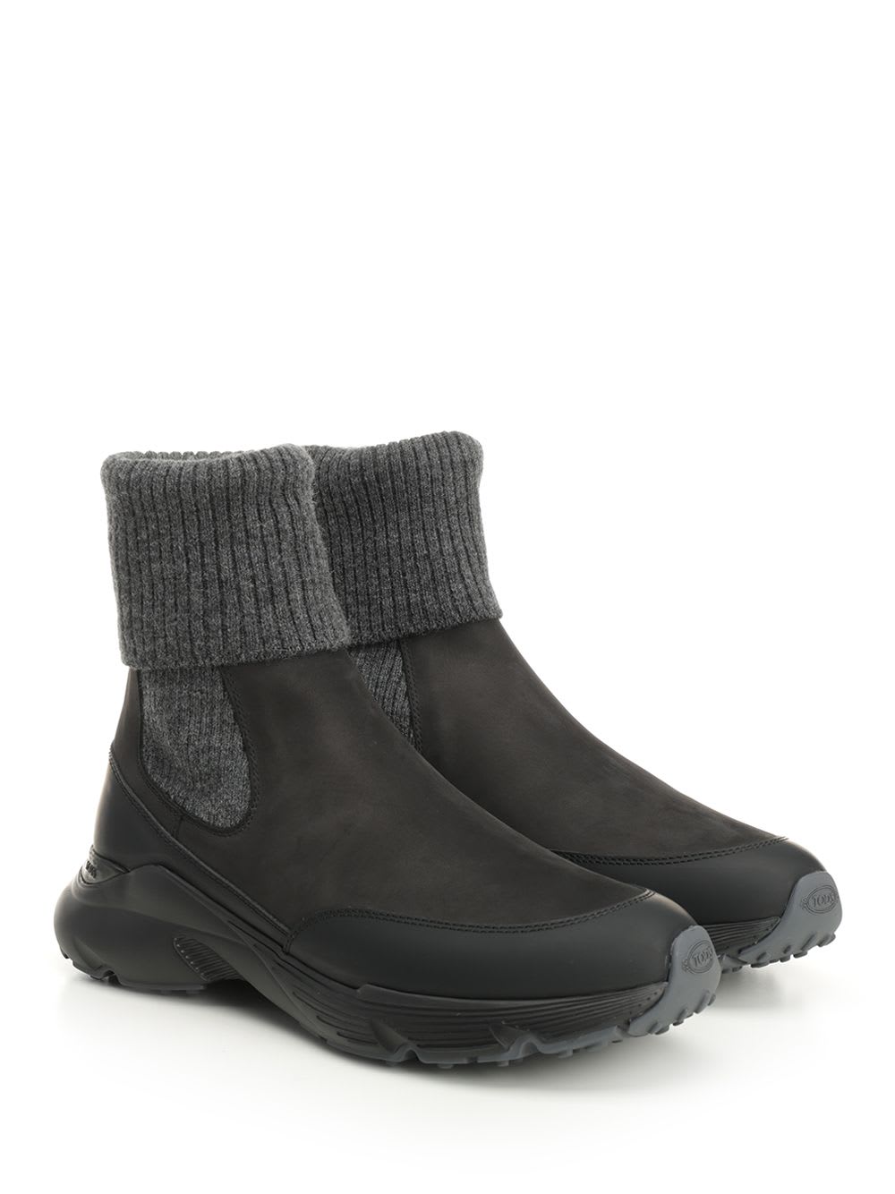 Tod's High Knitted Cuff Sneakers With Textured Upper And Chunky Sole In Black