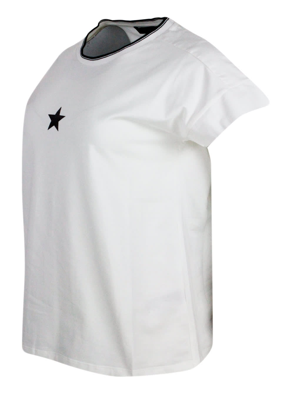 Shop Lorena Antoniazzi Short-sleeved Crew-neck T-shirt In Stretch Cotton With Lurex Star On The Front In Cream