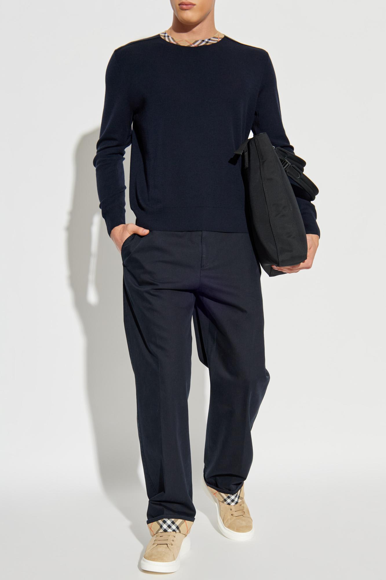 Burberry Crew Neck Knitwear With Distinctive Patterned Collar In Blue
