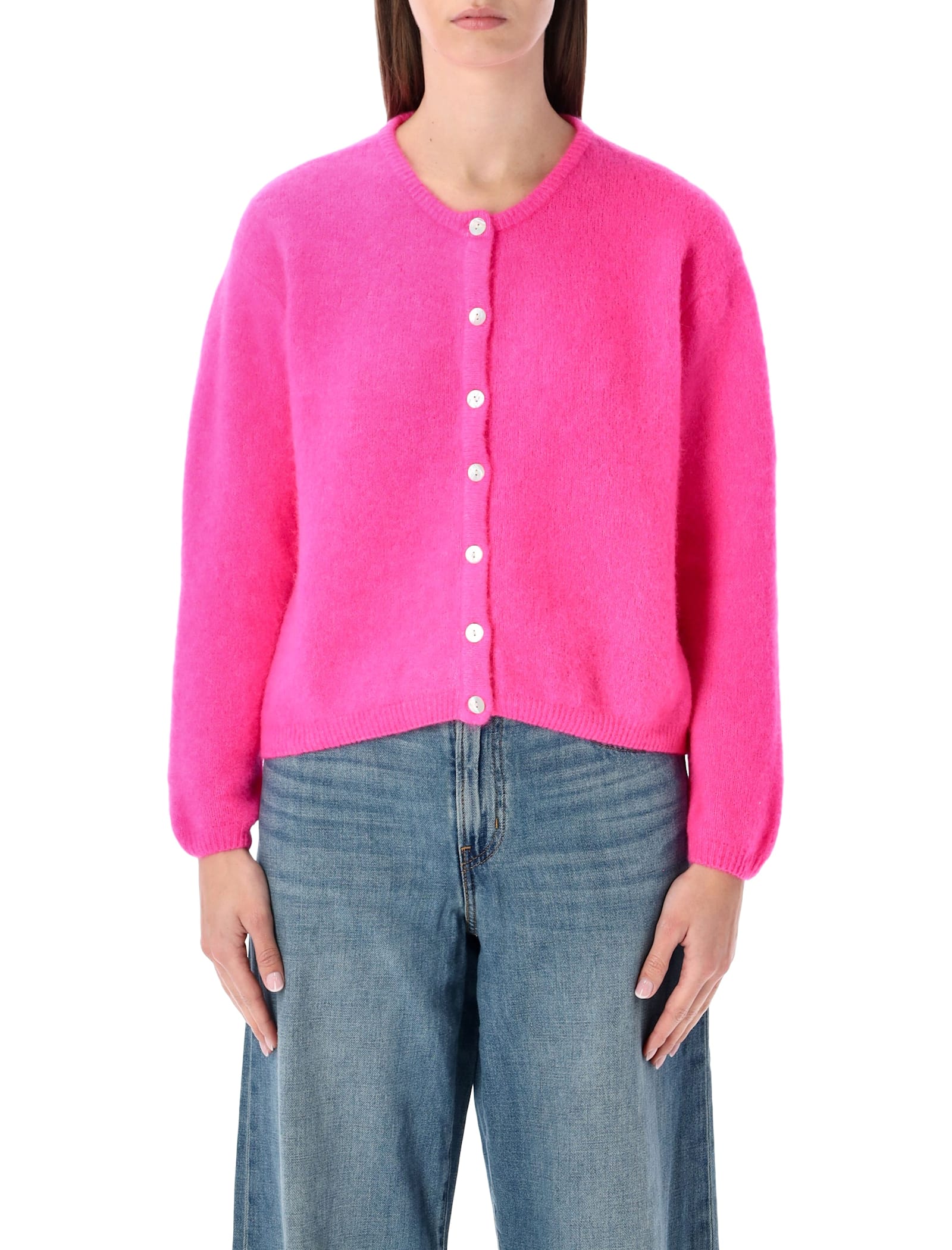 American Vintage Vitow Cropped Knit Cardigan Round Neck In Pink
