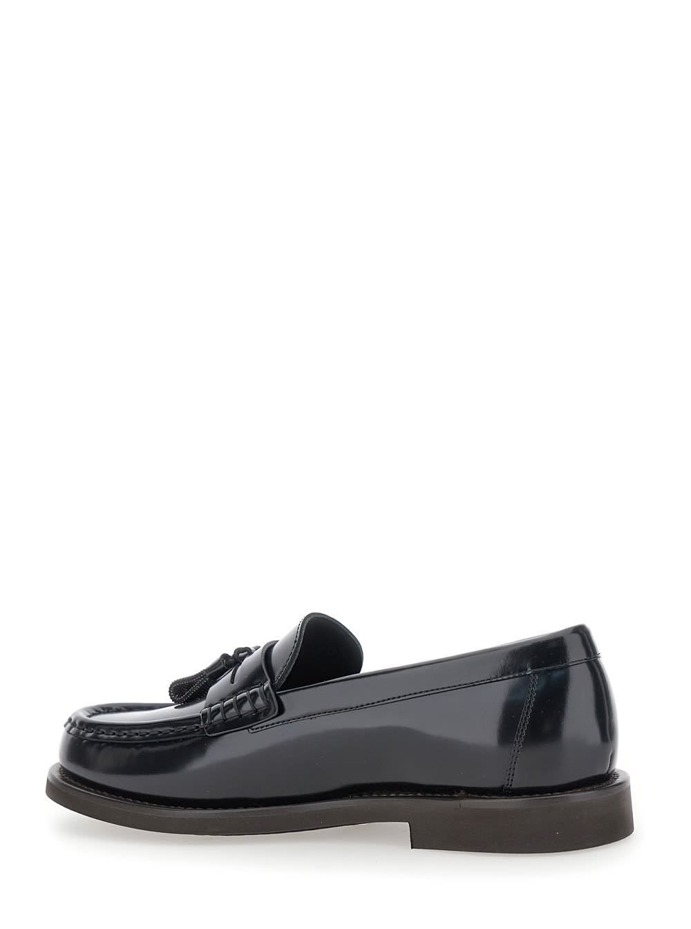 Shop Brunello Cucinelli Black Loafers With Monile Detail In Leather Woman