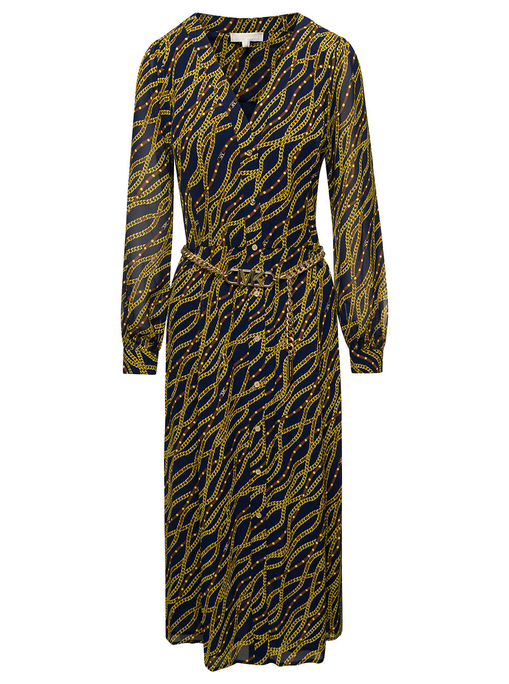 MICHAEL Michael Kors Black And Gold-tone Midi Shirt Dess With Chain Print All-over In Polyester Woman