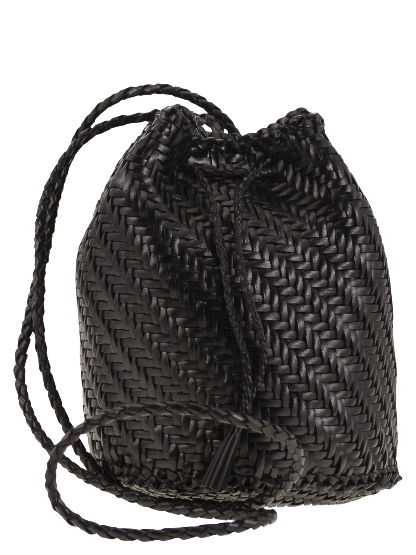 Dragon Diffusion Pompom Doublej Woven Leather Basket Bag In Black