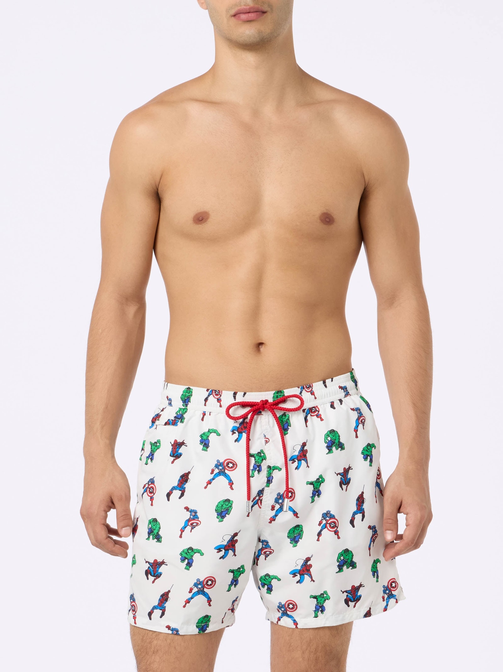 Shop Mc2 Saint Barth Man Lightweight Fabric Swim-shorts Lighting Micro Fantasy With Marvel Super Heroes Print Marvel Spec In White