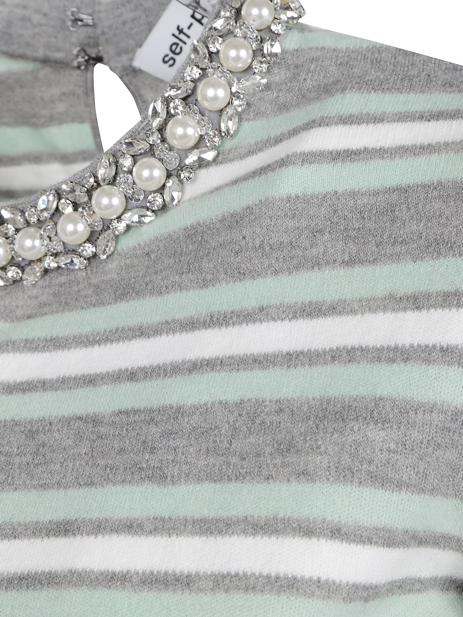 Self-portrait Grey Cropped Top Wih Crewneck With Crystal Embellishments And All-over Striped Motif In Wool Blend W In Gray