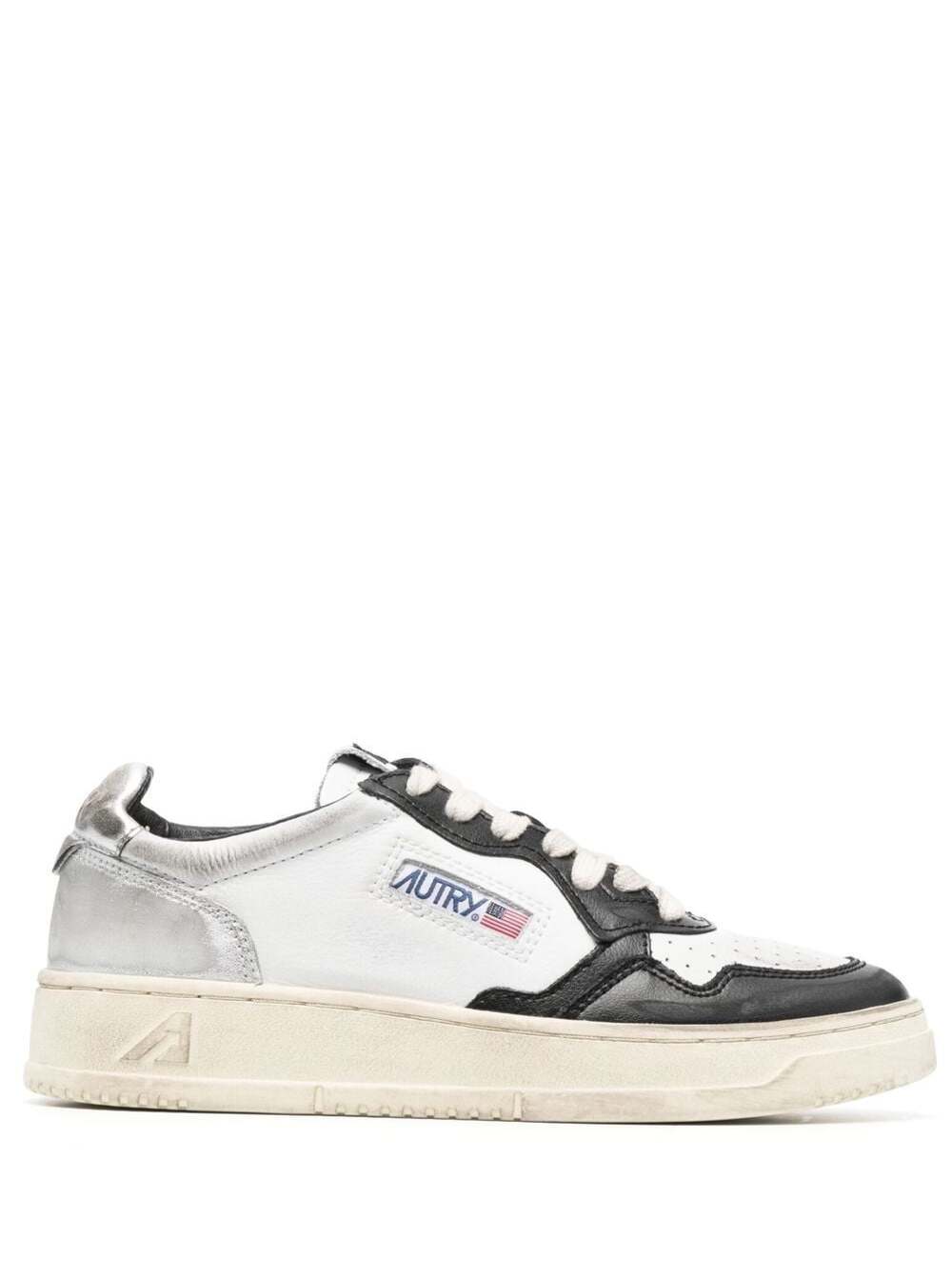 Autry Black And White Medalist Low Top Sneakers Distressed Effect In Cow Leather In White Grey Silver