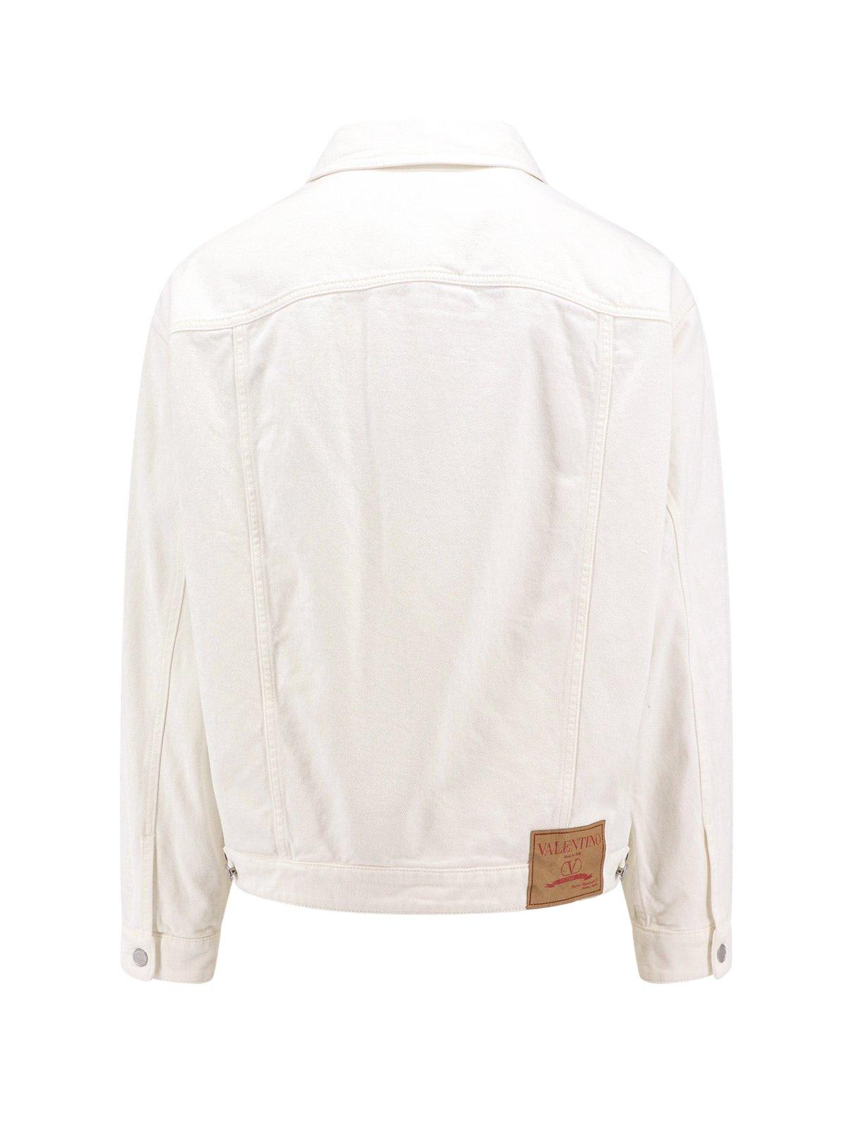 Shop Valentino Buttoned Logo Plaque Denim Jacket In Ivory