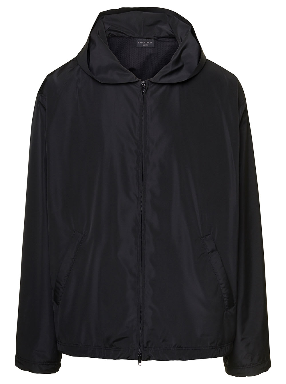 Balenciaga Black Hooded Windbreaker With Contrasting Logo Print At The Back In Polyester Blend Man