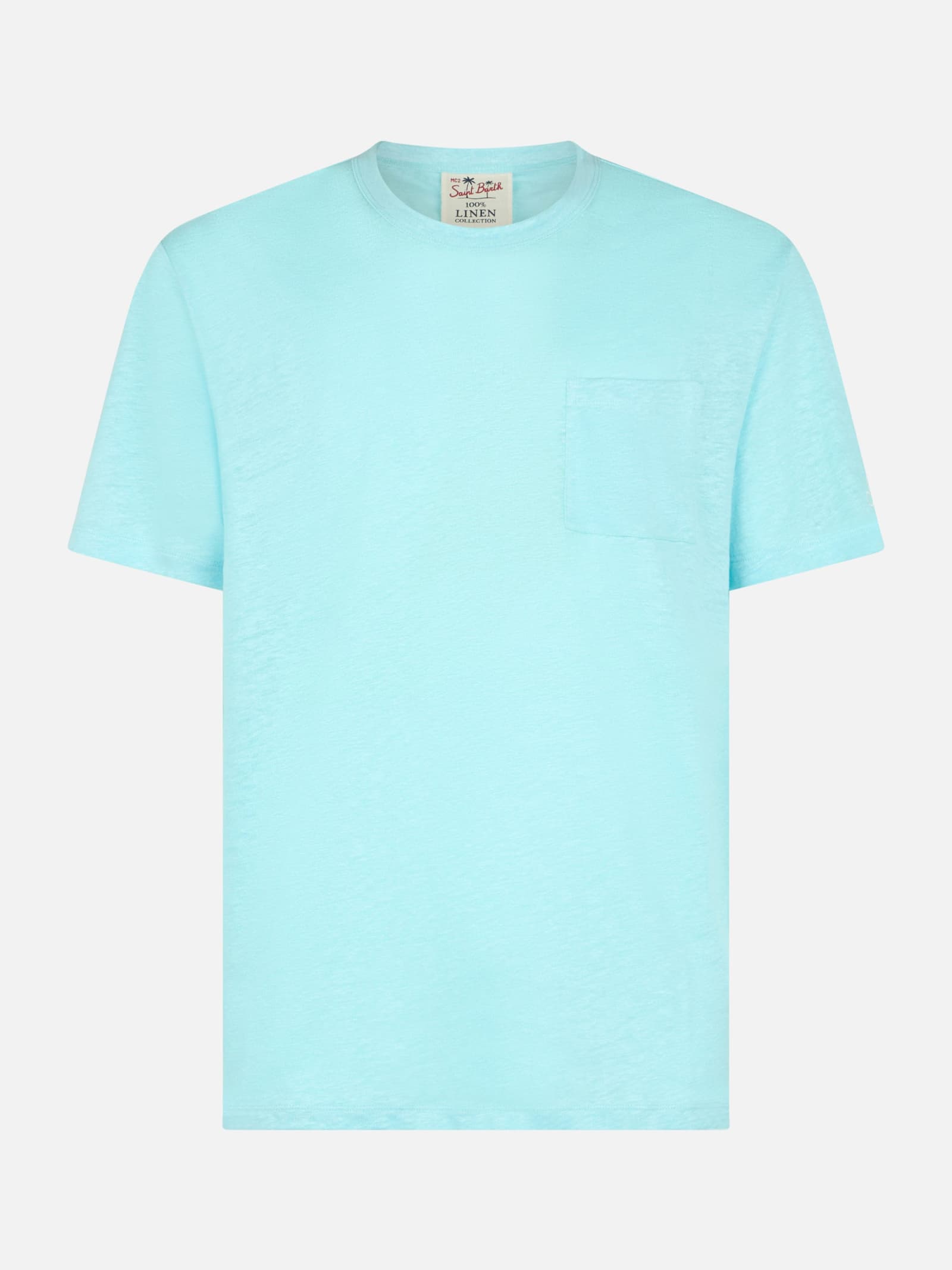 Shop Mc2 Saint Barth Man Water Green Linen Jersey T-shirt Ecstasea With Pocket