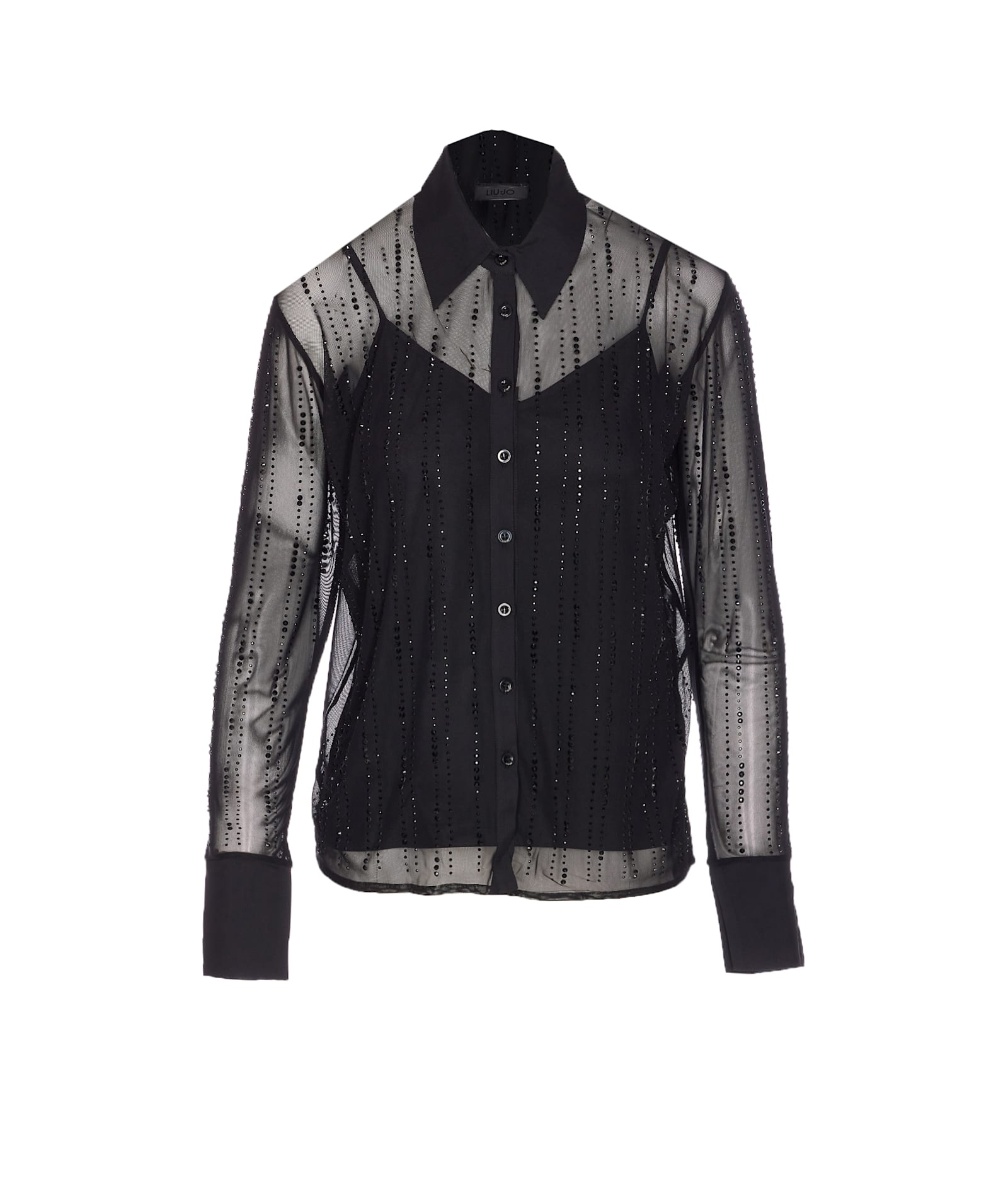 Liu •jo Long Sleeve Sheer Shirt With Crystal Embellishments In Black