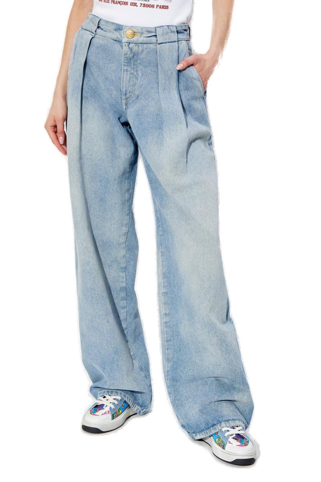 Shop Balmain Logo Detailed Pleated Denim Jeans In 6fc Bleu Jean Clair