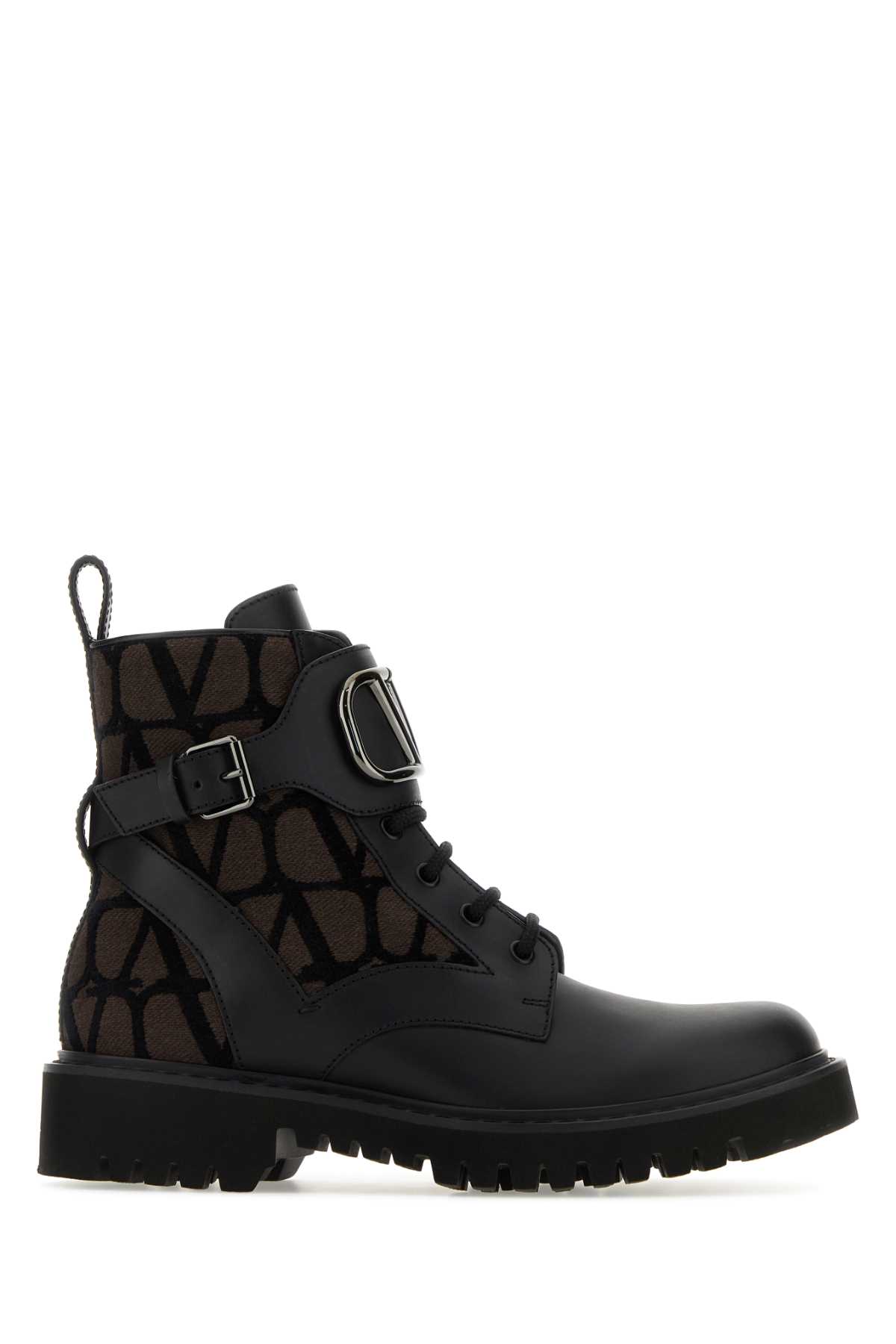 Shop Valentino Two-tone Leather And Toile Iconographe Logo Combat Ankle Boots In Fonner
