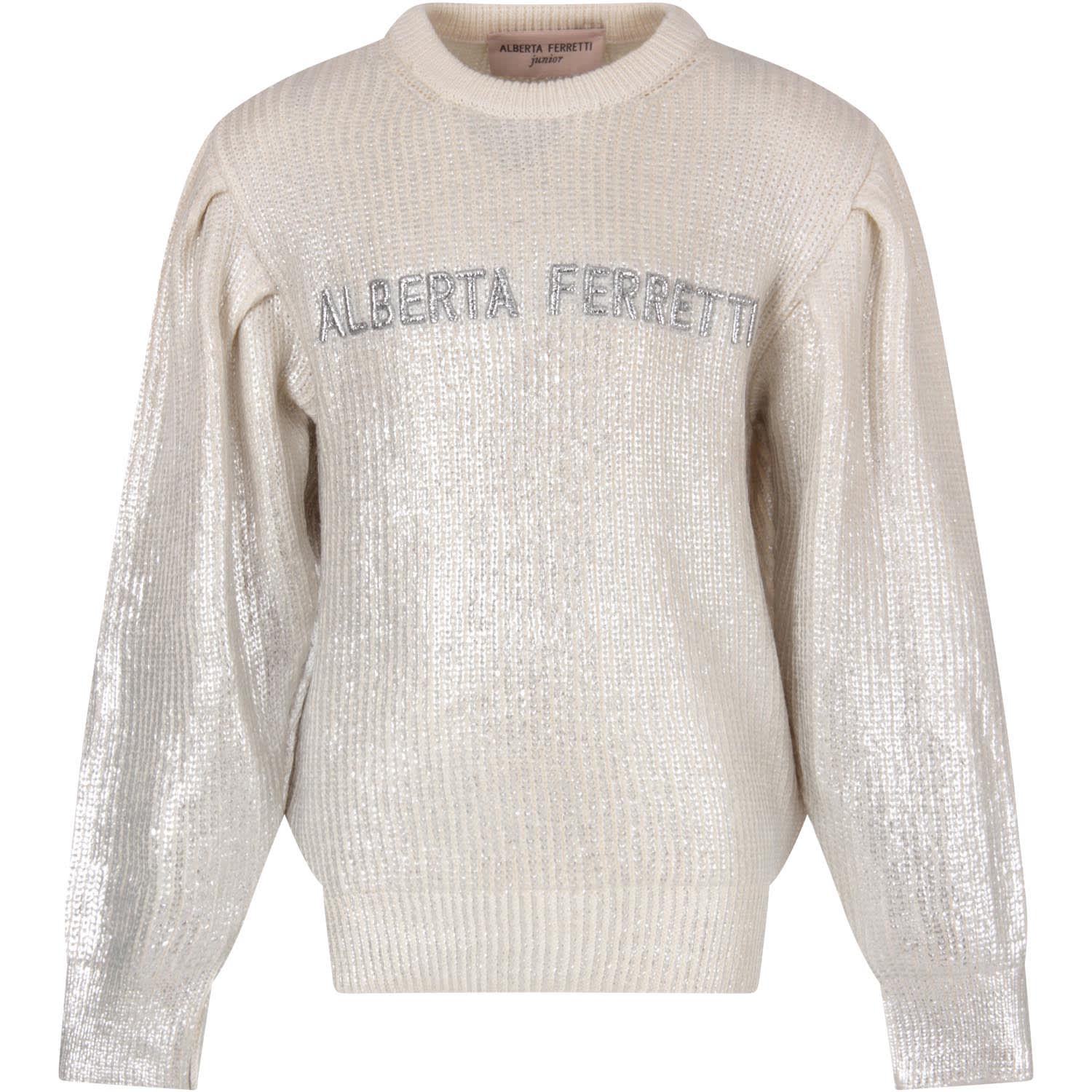 Alberta Ferretti Withe Sweater For Girl With Logo