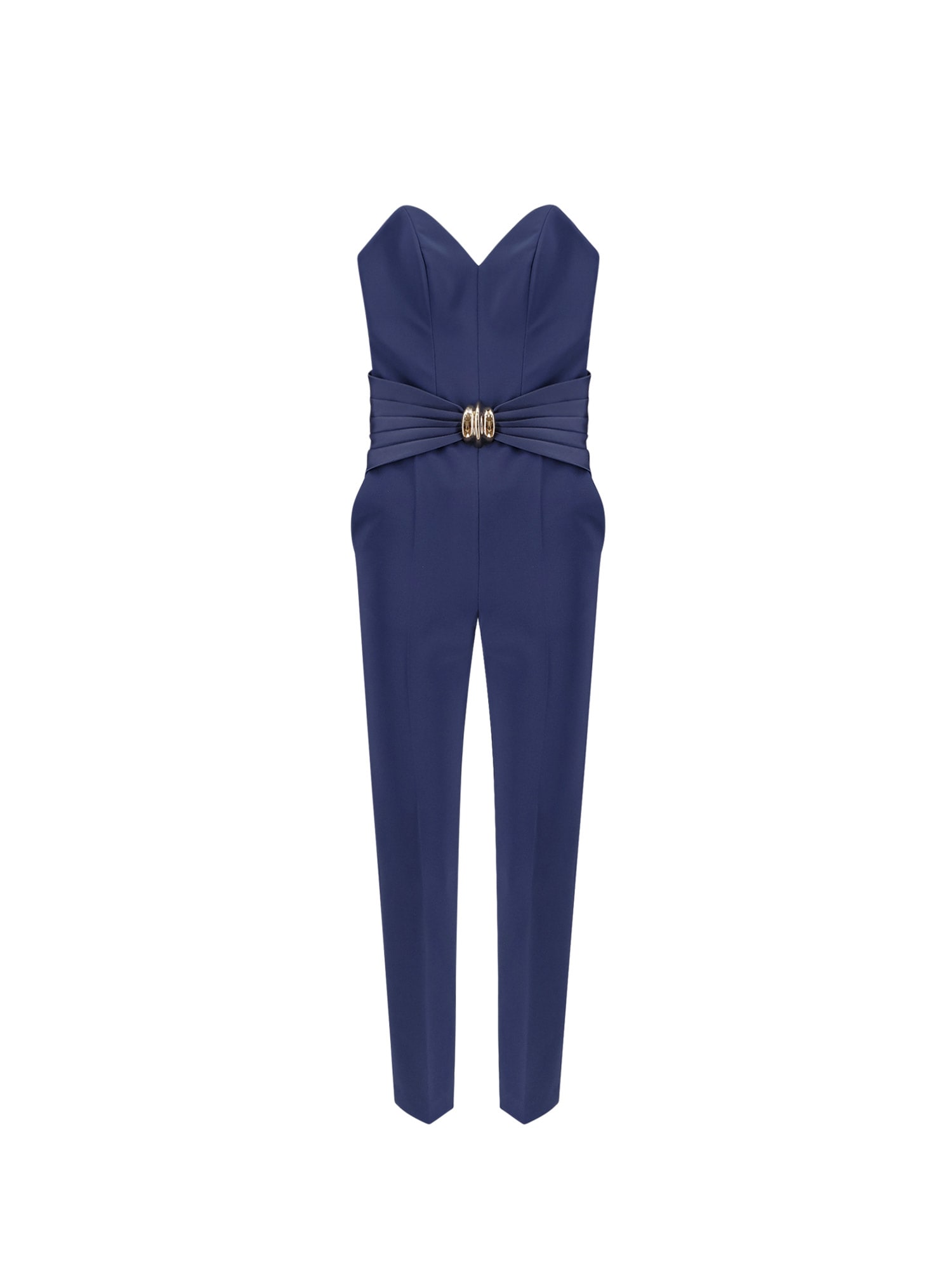 Elisabetta Franchi Sweetheart Neckline Jumpsuit With Jewel Detailing And Silhouette In Blue