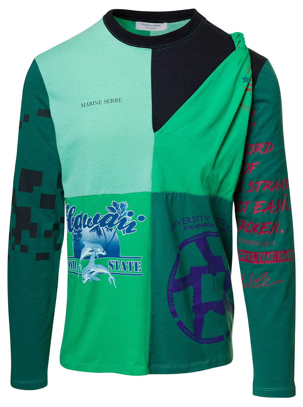 MARINE SERRE GREEN LONG SLEEVES T-SHIRT WITH REGENERATED PRINT IN COTTON MAN