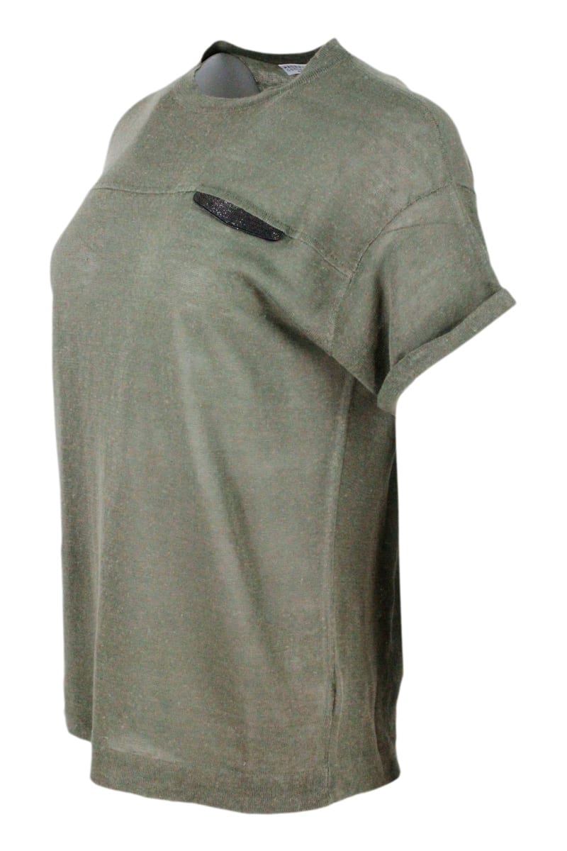 Shop Brunello Cucinelli Short-sleeved Crew-neck Linen Sweater Embellished With Monili Detail On The Chest In Military