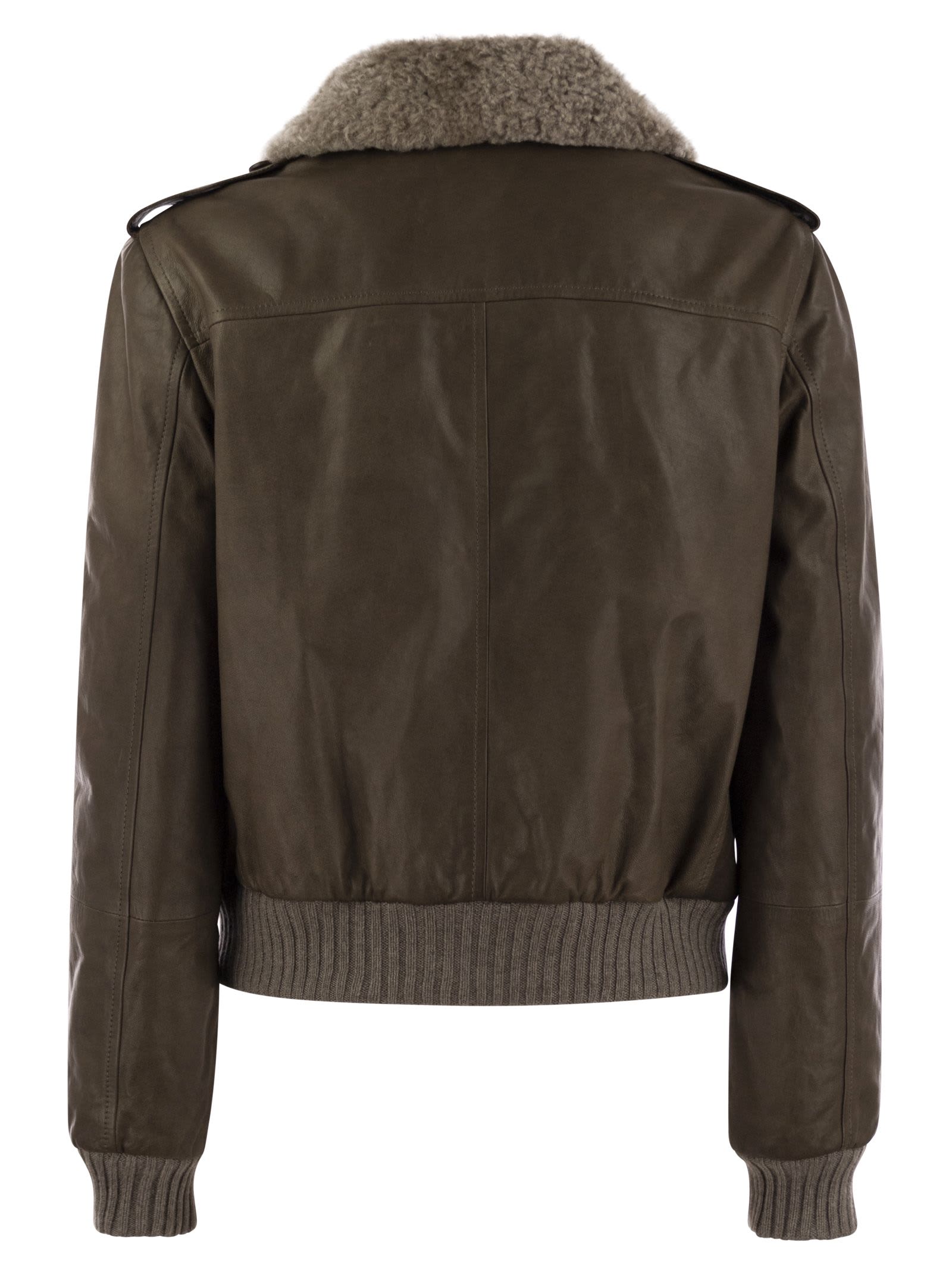 Shop Brunello Cucinelli Leather Bomber Jacket And Shearling Collar In Brown