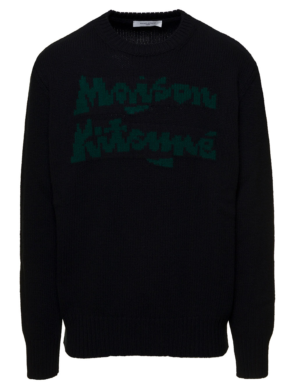 Maison Kitsuné Black Jacquard Lettering Sweater In Wool Man Maison Kitsune