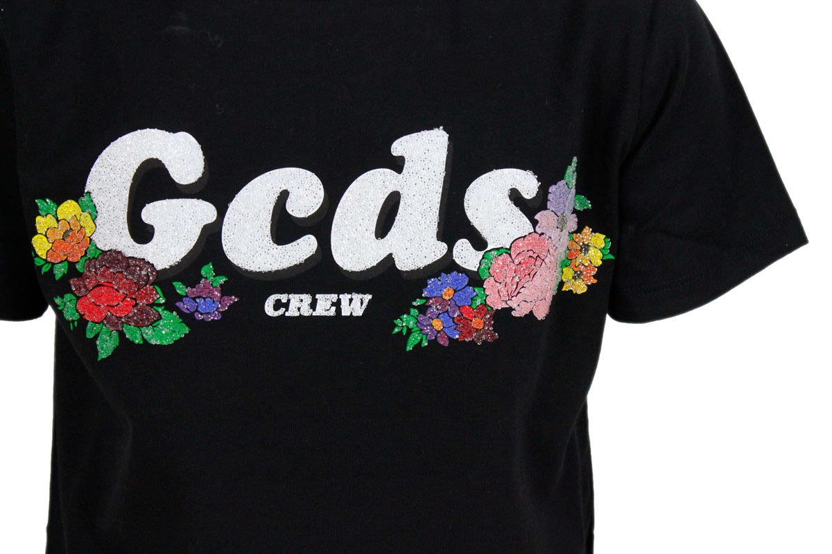 Gcds Short Sleeve Crew Neck T-shirt With Rhinestone Applications In Black