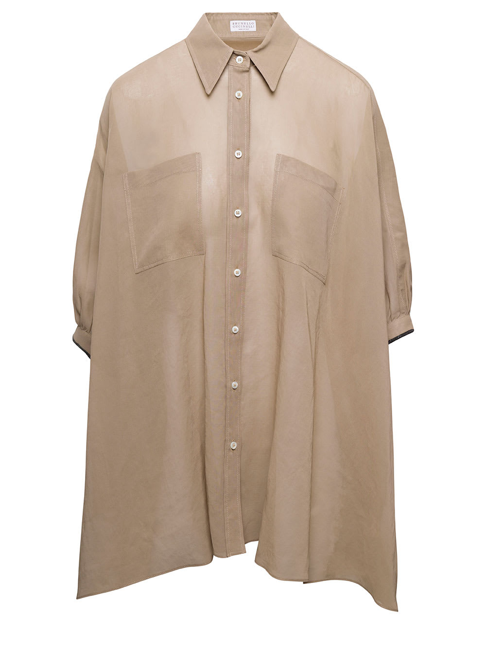 Brunello Cucinelli Beige Flared Short-sleeve Long Shirt In Cotton Woman