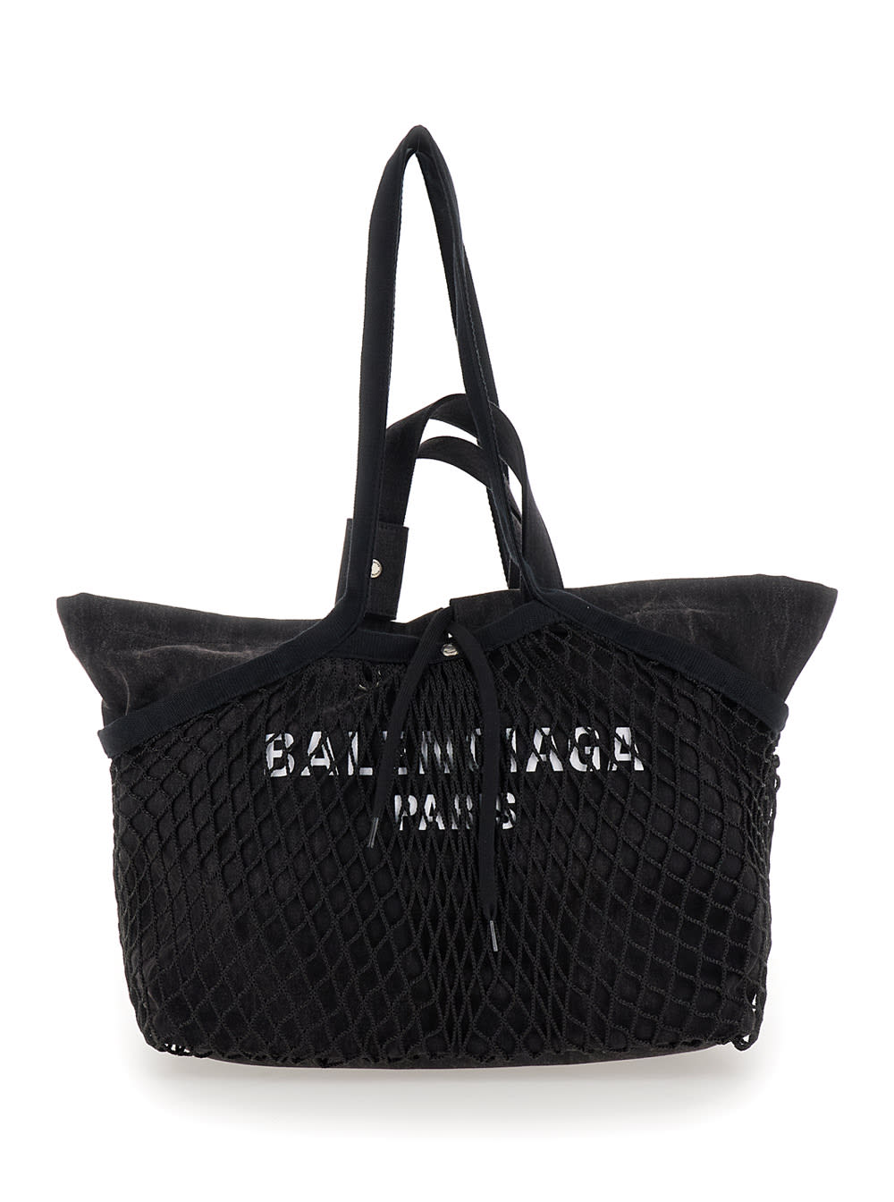 Shop Balenciaga 24/7 Medium Black Tote Bag With Logo Print In Washed Cotton Canvas And Fishnet Woman