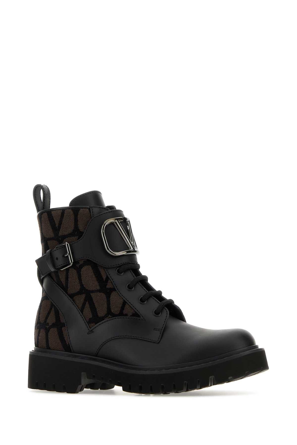 Shop Valentino Two-tone Leather And Toile Iconographe Logo Combat Ankle Boots In Fonner