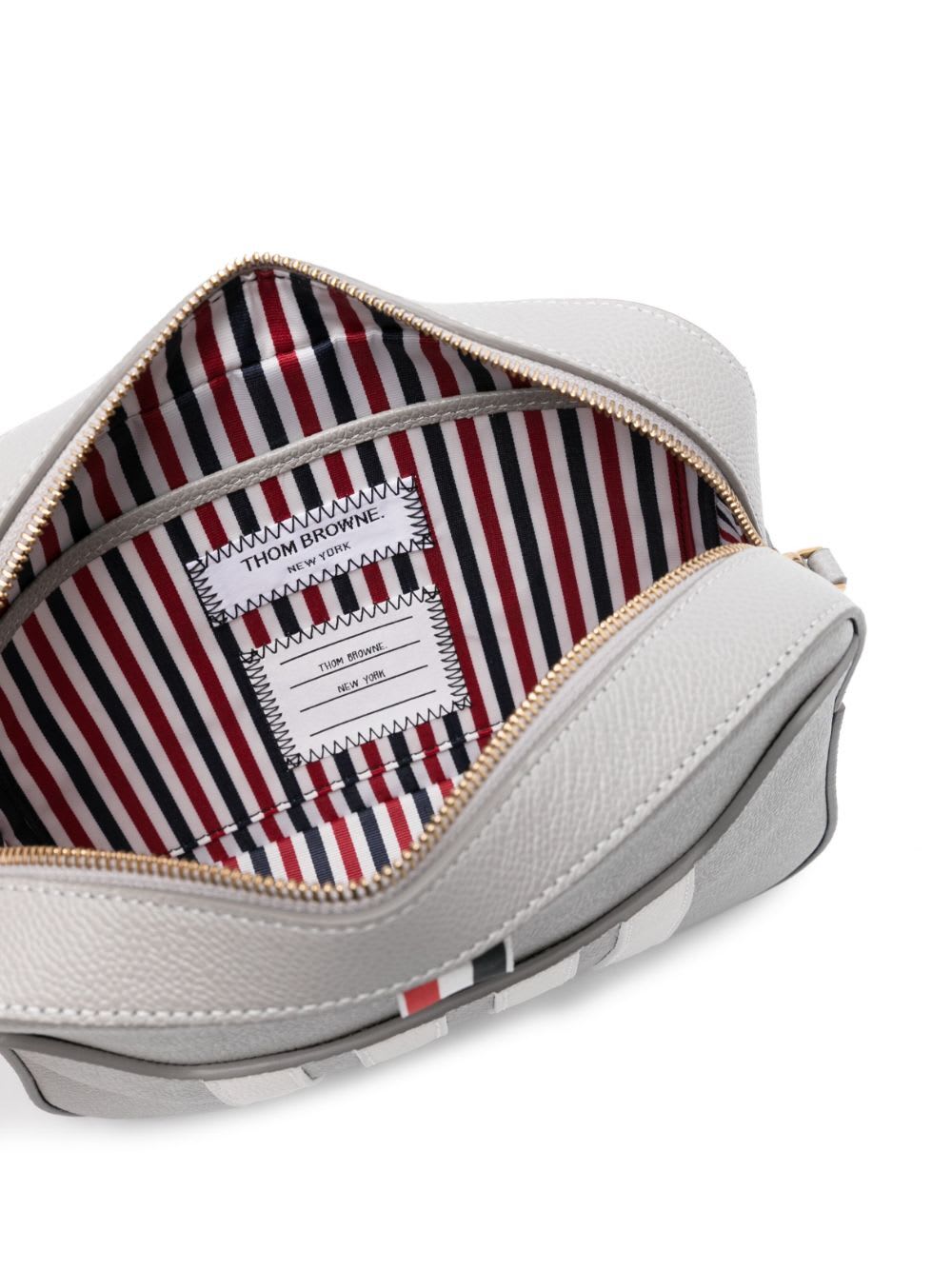Shop Thom Browne Small Camera Bag With Rwb Strap & 4 Bar Stripes In Pebble Grain Leather In Lt Grey