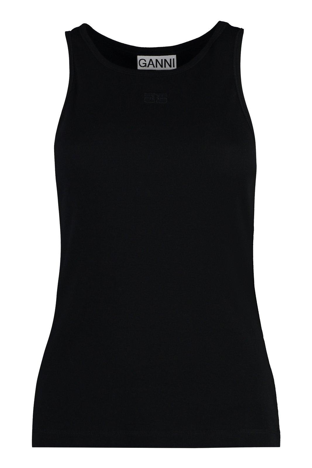 Shop Ganni Logo Fitted Tank Top In Nero