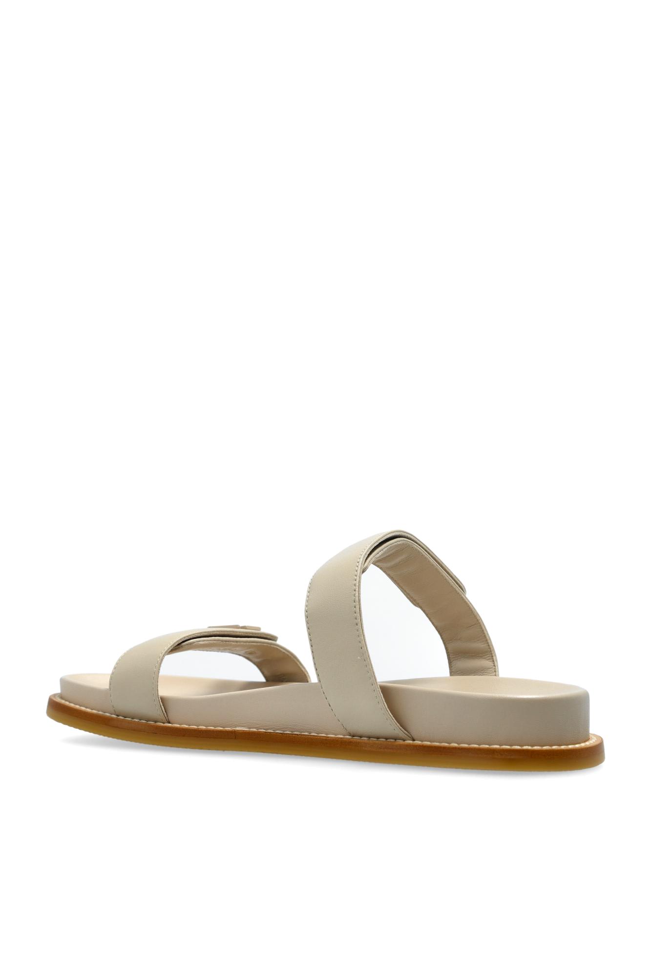 Emporio Armani Leather Slides With Logo In Sand