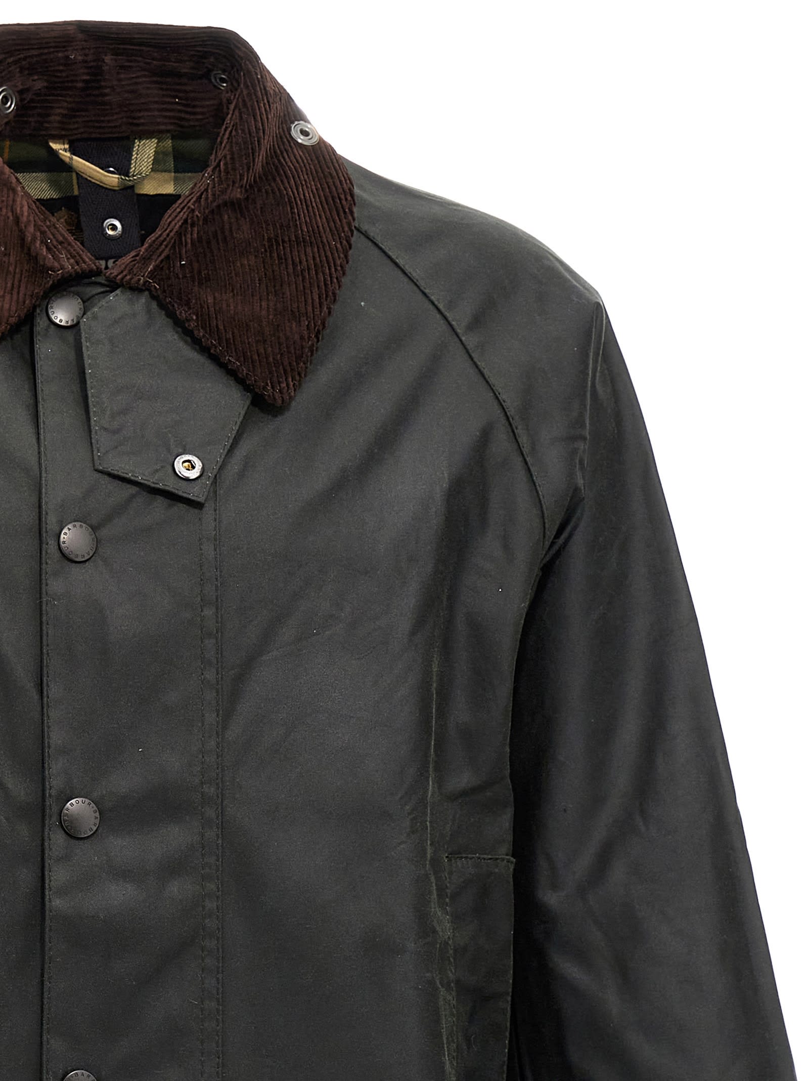 Barbour Beaufort Waxed Cotton Jacket With Corduroy Collar And Multiple Pockets In Black
