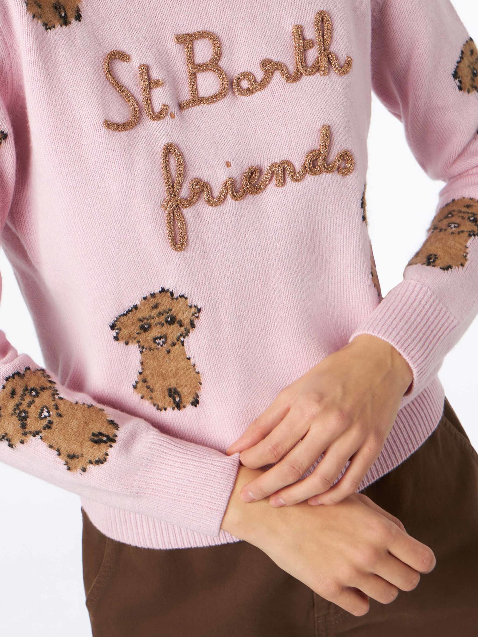 Shop Mc2 Saint Barth Woman Crewneck Sweater With St. Barth Friend Embroidery In Pink