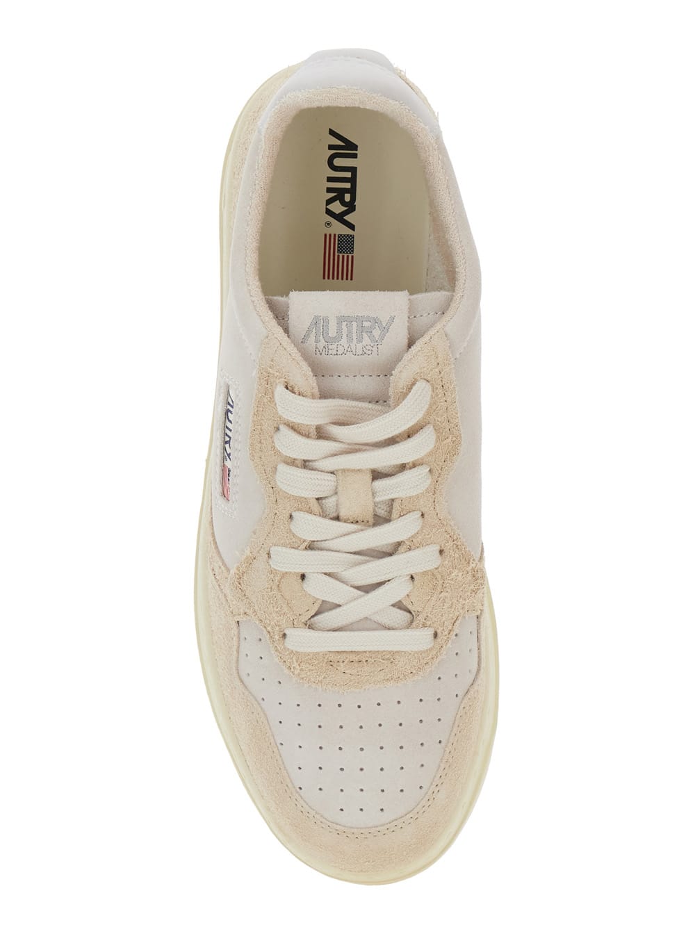 Shop Autry Medalist Low White Sneakers With Suede Inserts And Contrasting Heel Tab In Leather Man In Beige